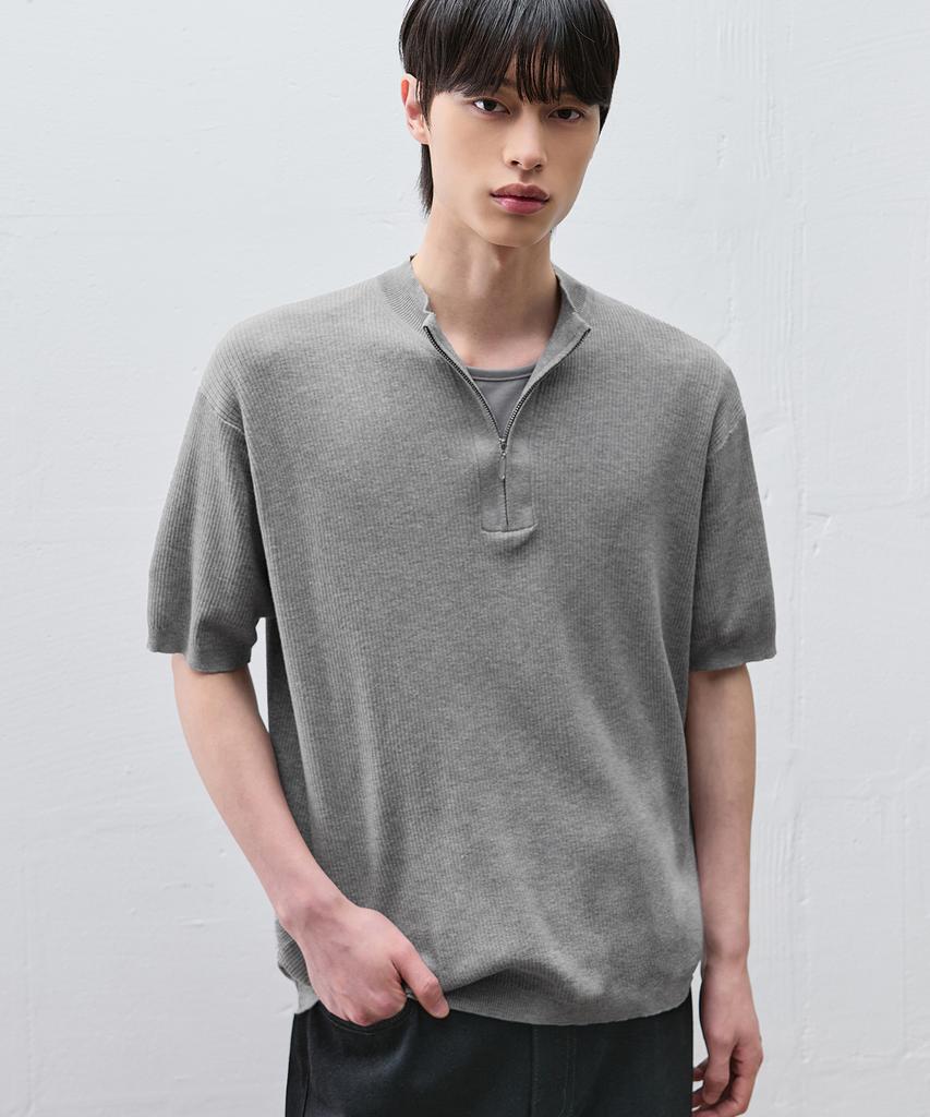 DRAW FIT Urbane Ribbed Half Zip Knit [Melange Grey]