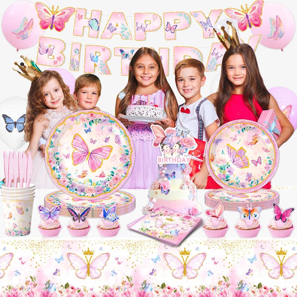 Pink Butterfly Spring Tea Party Tableware: Disposable Cups, Napkins & Banners
