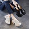 Johnature Genuine Leather Thick Soles Outdoor Slippers Vintage Hollow Out Breathable Women's Platform Shoes