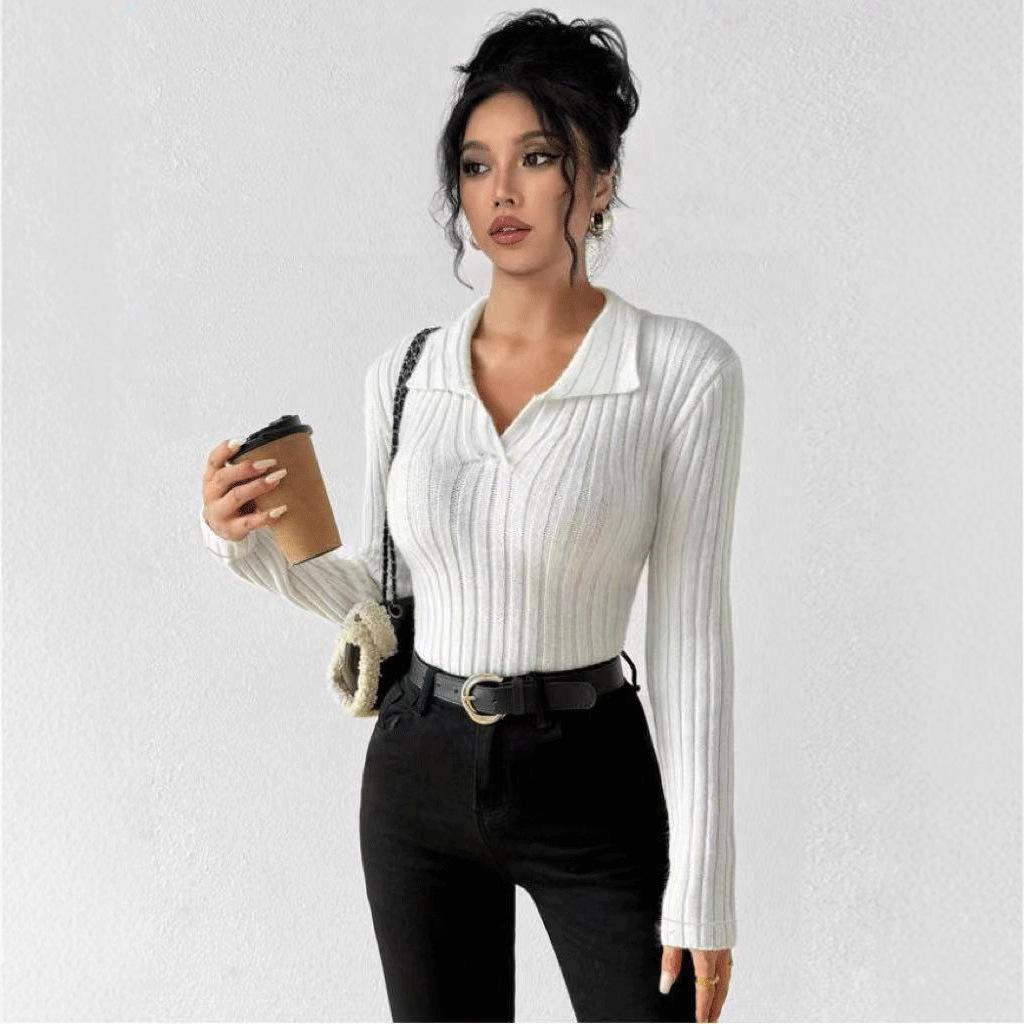 Женская однотонная приталенная футболка с V-образным вырезом и длинными рукавами в рубчик, осень-зима 2025.