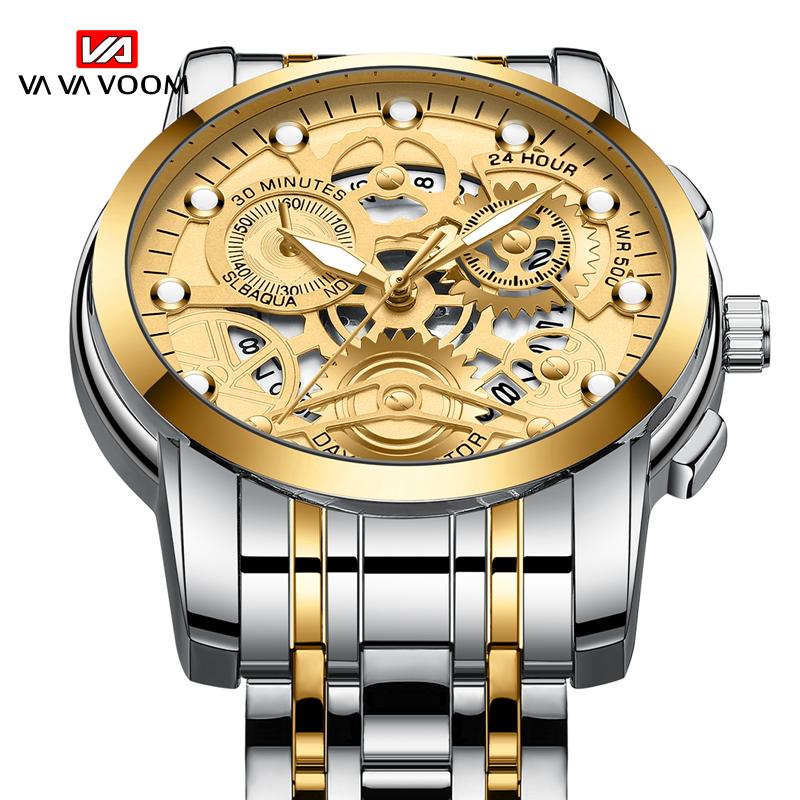 VA VA VOOM Золотые полые светящиеся кварцевые часы Часы со скелетом Мужские часы Импортные механизмы Деловые виды спорта для мужа Подарок Мужские часы из нержавеющей стали
