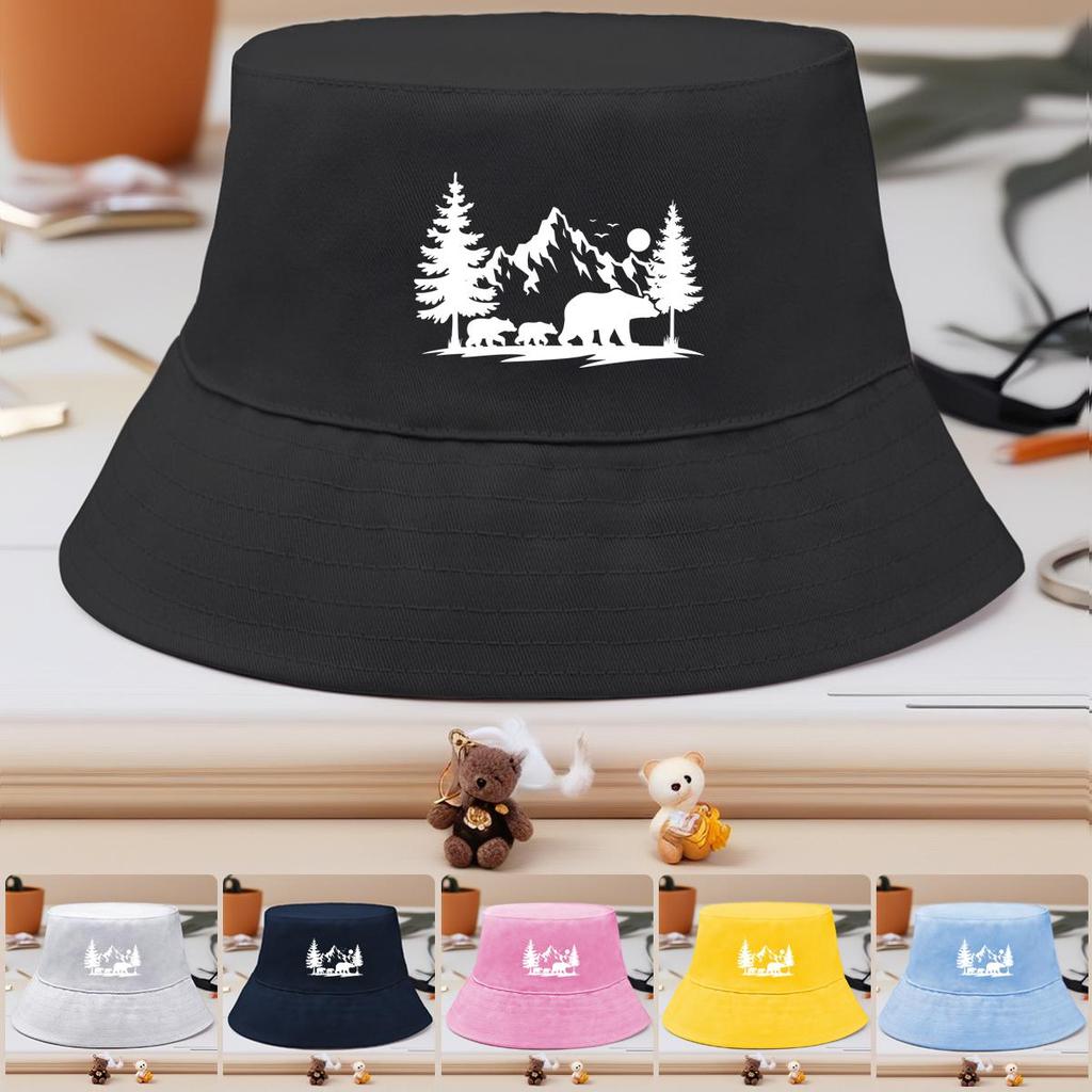 Bucket Hat With White Forest Mountains Print , Animal Fisherman Hat Solid Color Beach Simple Beach Cap