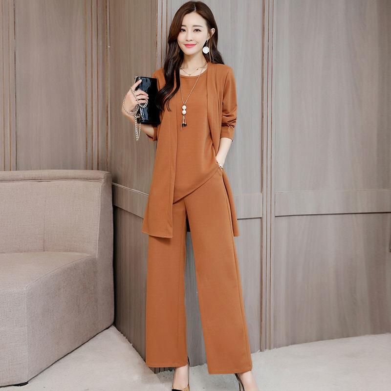 Women's Spring and Autumn Models Loose Plus Size Round Neck Short Sleeved + Long Sleeved Jacket + Loose Wide Leg Trousers Casual Wear Three Piece Set