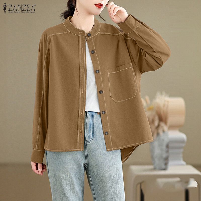 ZANZEA Women Casual Turn Down Collar Long Sleeve Asymmetrical Hem Loose Blouse