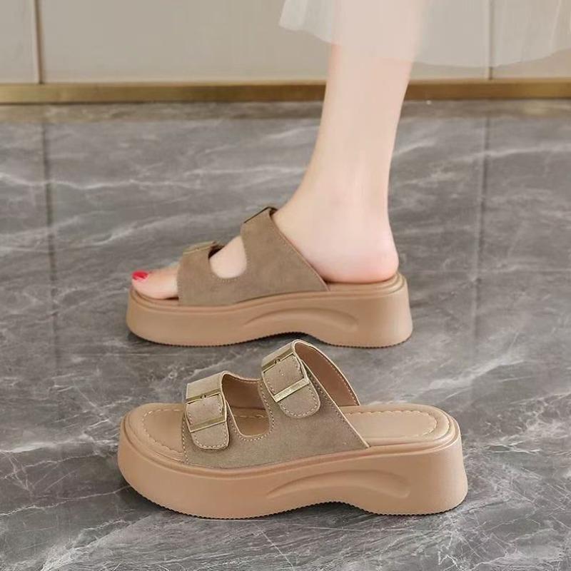 Leather Slippers Women's New Summer Wear One-word Drag Thick-soled Non-slip Beach Sandals