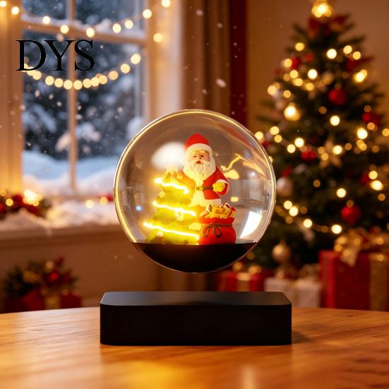 Illuminated Santa Sleigh for Mantle Magnetic Levitating Claus Tree Ornament with LED Light, Lighted Rotating Floating Tabletop Christmas Glass