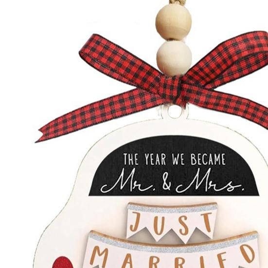 First Christmas Married Ornament Rustic Wooden Car Wedding Ornament with Buffalo Plaid Bow for Couples Bridal Shower Newly Married Wedding Decor