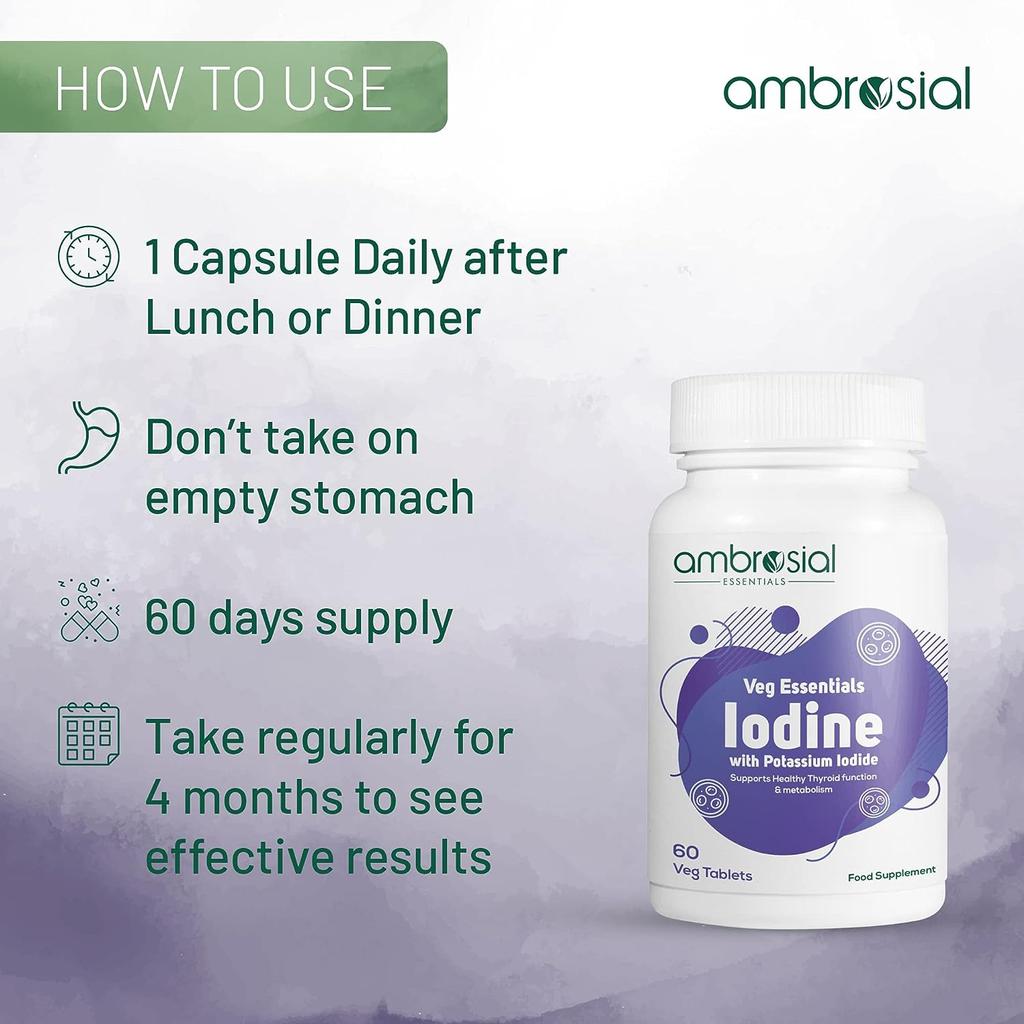 AMBROSIAL Iodine 5000mcg with 7500mcg Potassium Iodide High Strength Iodine Tablets (Pack of 1-60 Tablets)