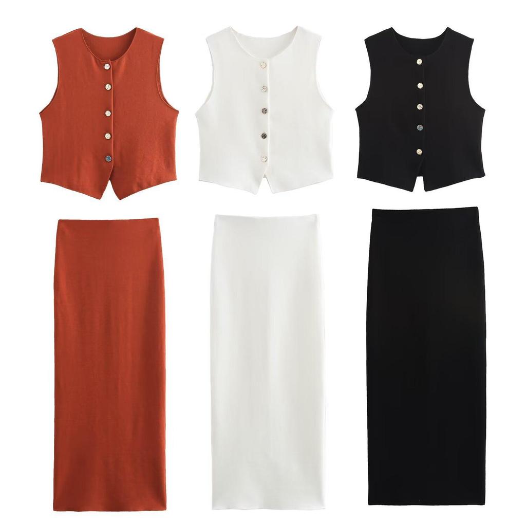 Женский вязаный жилет и юбка миди в европейском и американском стиле, осень 2024, с отделкой пуговицами