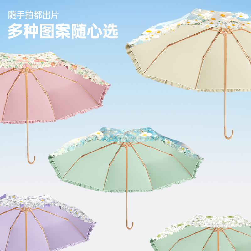 Новый трехсложный зонт с ручным открыванием, маленький золотой крючок, цветной клей, ткань, цифровое кружево, ретро, солнцезащитный зонт