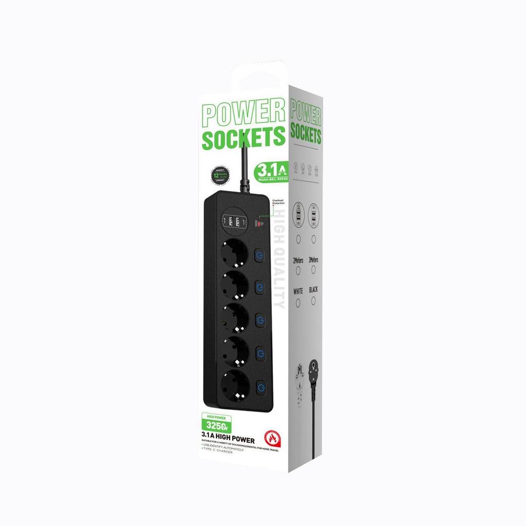 Удлинитель с 5 розетками, независимым выключателем, 2 портами Type-C и 2 USB-портами, защита от перегрузки