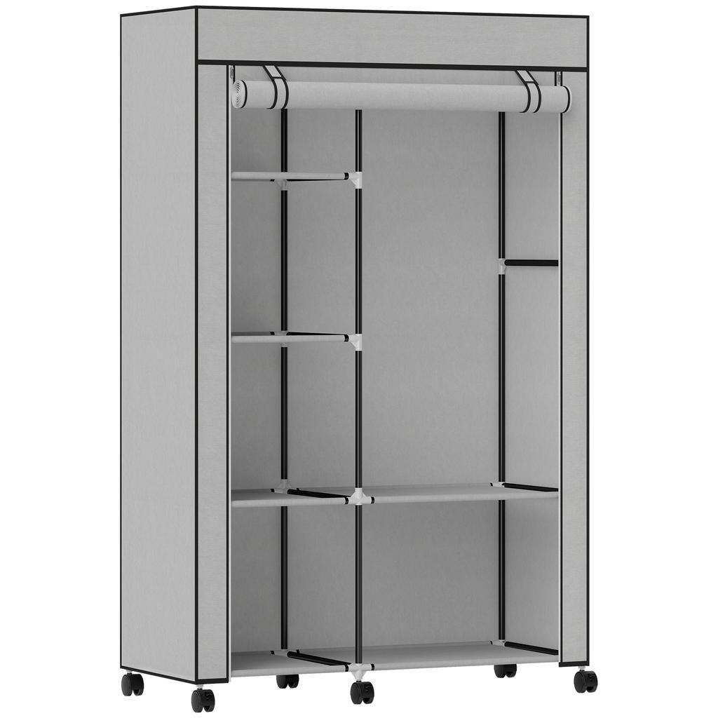Fabric Wardrobe Storage Solution 6 Shelves 1 Clothes Rod Light Gray