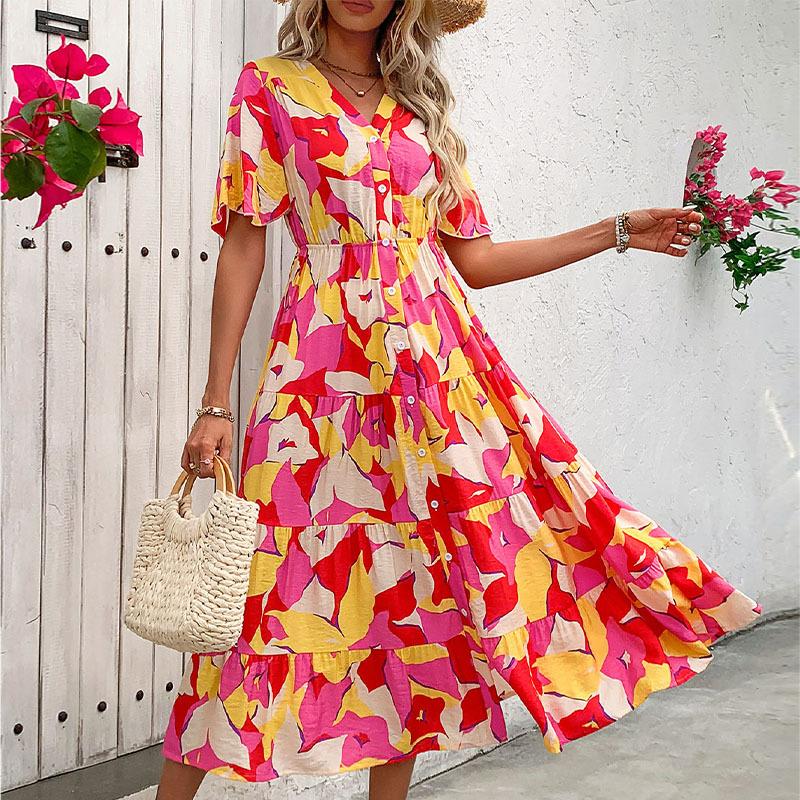 Summer Women's Dress Holiday Cardigan V Neck Printed Dresses