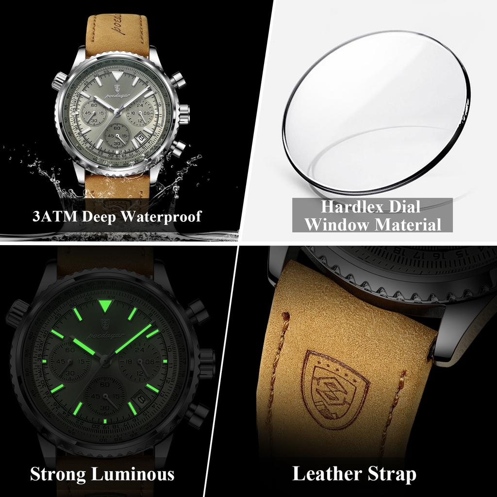POEDAGAR Trendy Quartz Men Watch Waterproof Luminous Leather Business Man Clock Date Chronograph High Quality Men's Watches Gift