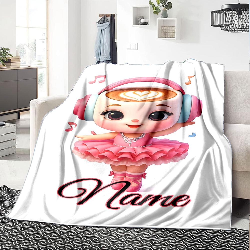 Dancing Ballerina With Headphones And Coffee Art Customize Your Name Cartoon Movie Pattern Blanket Chair Office Sofa Bed Camping Soft And Warm Give To