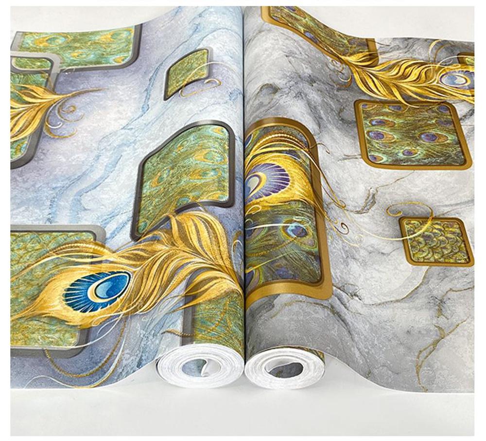 Обои с павлиньим пером 3d Тисненые Гостиная Спальня ТВ Диван Мраморная текстура Геометрические обои Ktv Отель Фреска Синий Серый