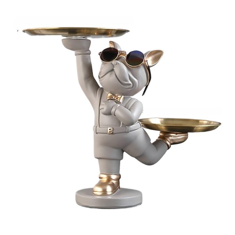 Статуя собаки из смолы, декор для комнаты, скульптура дворецкого с 2 лотками для хранения, фигурка французского бульдога, украшение для дома, украшения для стола