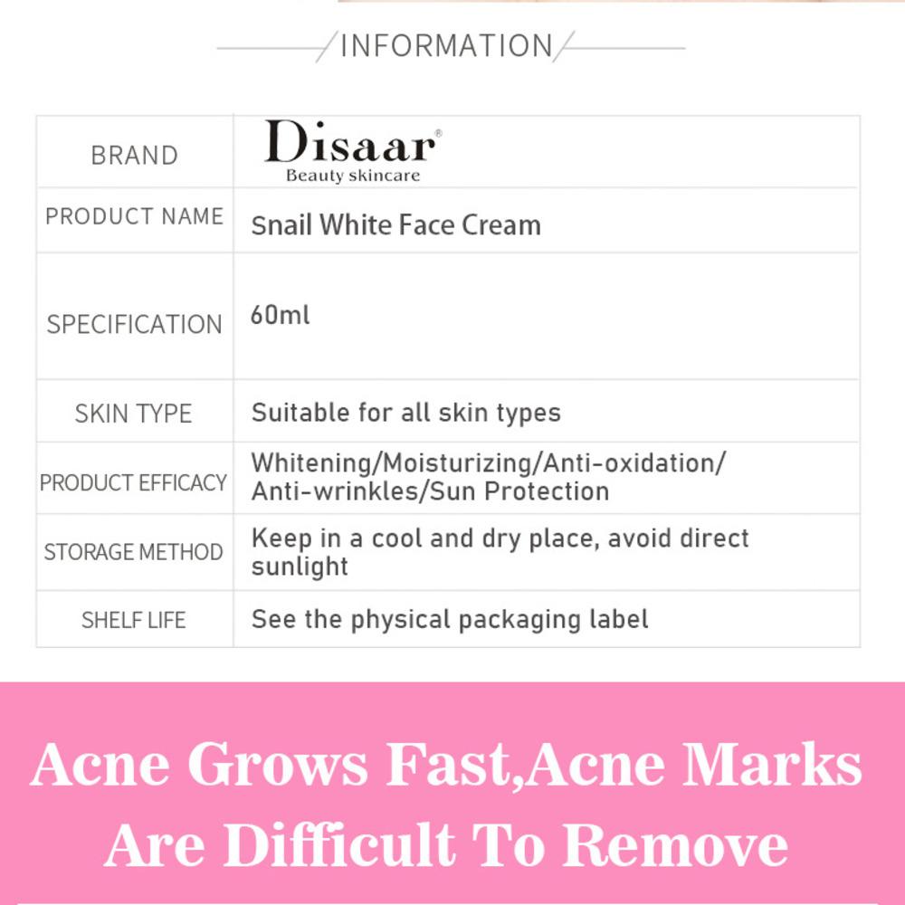 Disaar 60 мл/шт. Изысканный белый крем для лица с улиткой для девочек, удаление прыщей, питательное контрольное масло, удаление морщин, отбеливающие средства, кремы для лица