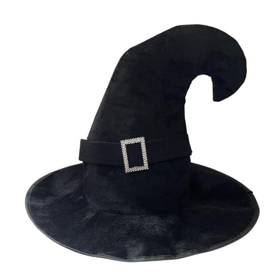 Velvet Witch Hat with Mysterious Button Design Wide Brim Solid