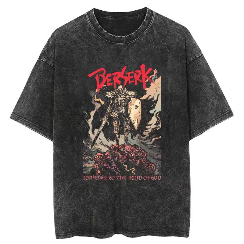Washed Berserk Cotton Mens Vintage Japan Anime Oversize Shirts Streetwear Summer Short Sleeve TShirt Loose Cotton Tops