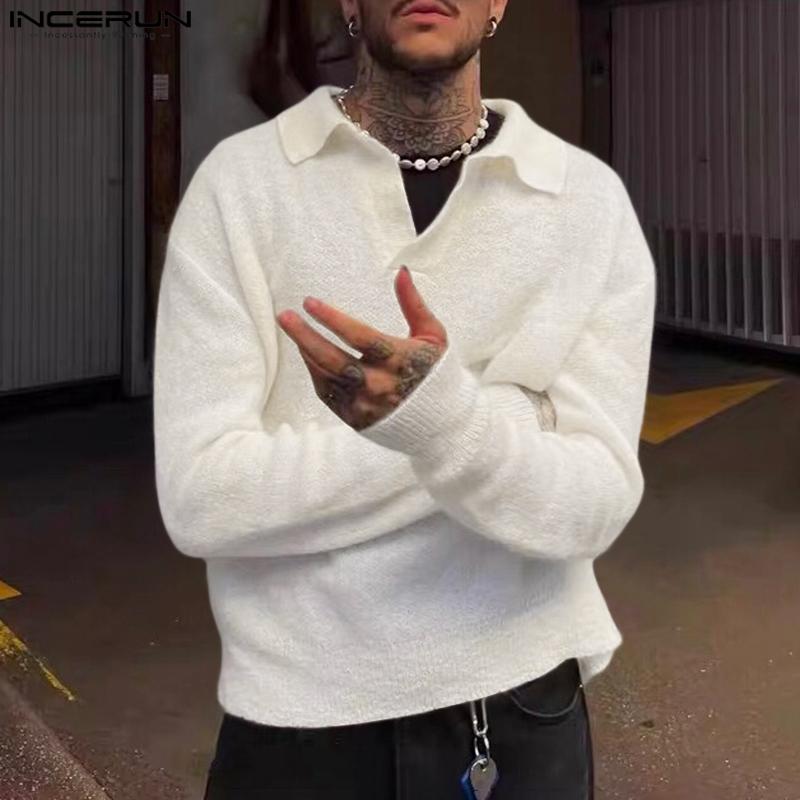 INCERUN Autumn Winter Men Lapel V Neck Long Sleeve Fleece Sweaters Warm Pullovers