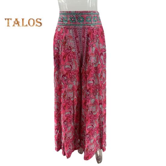 Women Summer Casual Pants Wide Leg Elastic High Waist Long Pants Retro Printing Culottes Loose Fit Flowy Trousers Streetwear