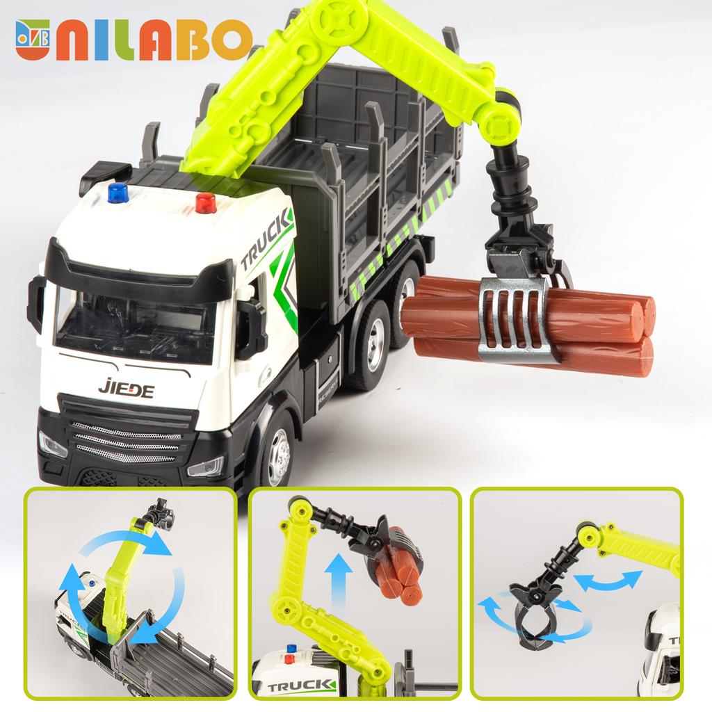Alloy 1:40 Log Truck with Log Claw - Inertia Powered, Lights Sounds, Rotating Stand -  Perfect Toy Gift for Boys Girls 3+