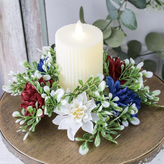 2Pcs Patriotic Artificial Wreath Candle Independence Holder Day Pillar Candle Ring Red White Blue