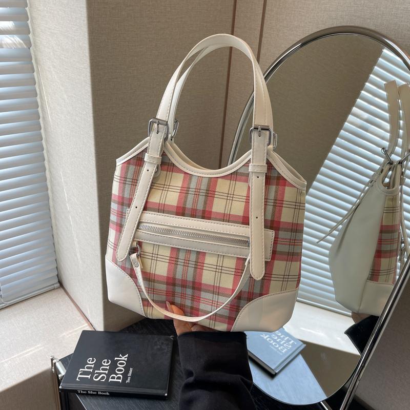 Sweet Style Western-style Grid Large Capacity Bag for Women's New Trendy Tote Bag Versatile Commuting Shoulder Bag