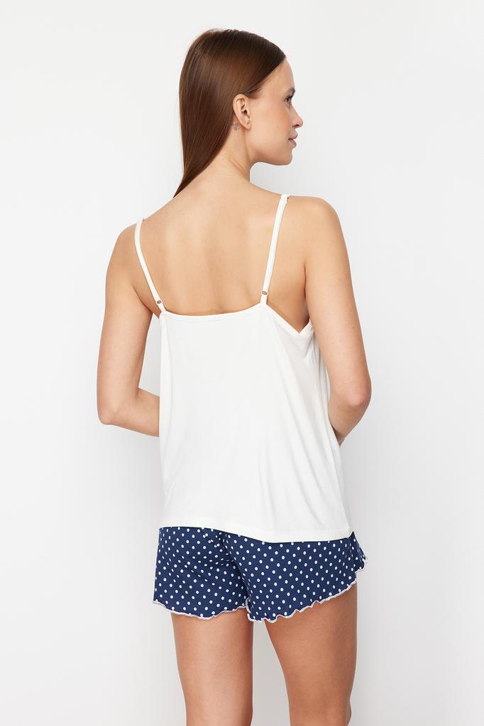 Women's Fashion New Pajama Set Black-Powder Polka Dot Ribbon Detailed Rope Strap Knitted Pajama Set