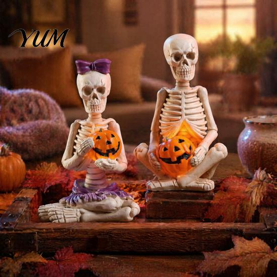Halloween Party Props 2Pcs/Set Couple Skeleton Statues, with Pumpkin Figurines, Men Spooky Home Decor Women Ornaments for Table Mantel Shelf