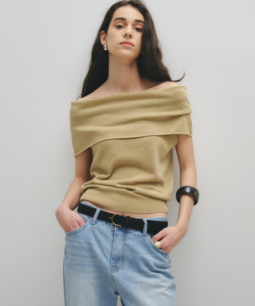 NOIRER FOR WOMAN Linen Off-Shoulder Knit (Light Khaki)
