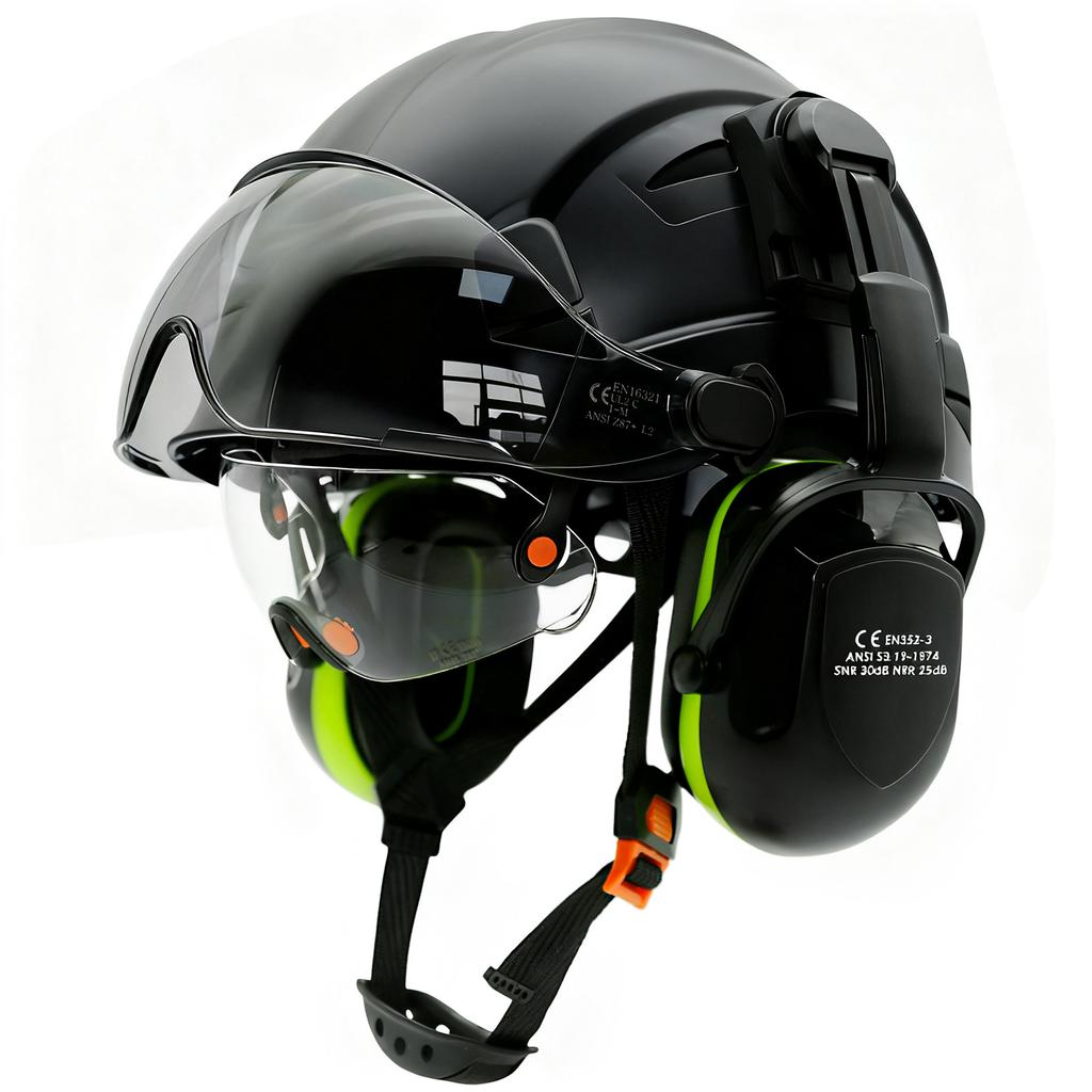 Safety Helmet With Visors Built In Goggles Contrast Color Earmuff Noise Reduction for Engineer Hard Hat ANSI Industrial Work Cap