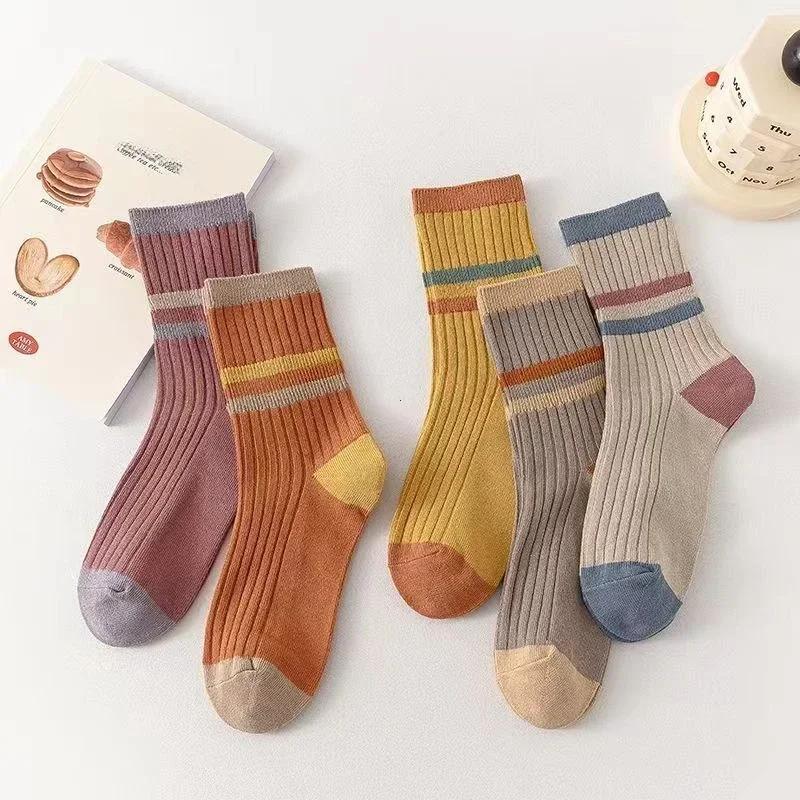 5 Pairs Striped Print Socks for Women Comfy Soft Mid Tube Socks Winter Harajuku Funny Casual Sock Women's Stockings Hosiery