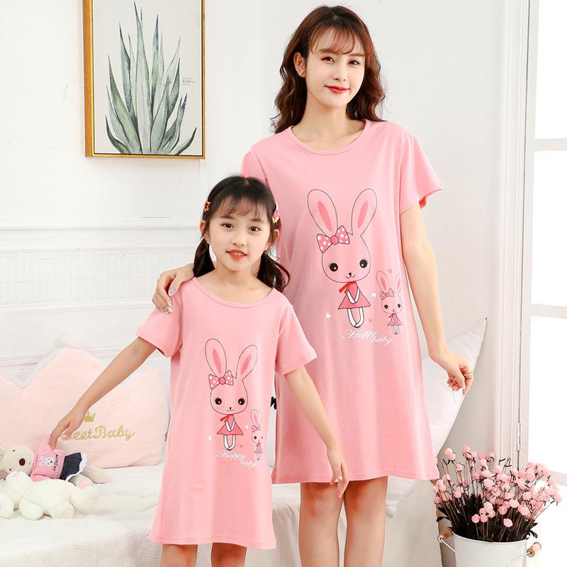 Girls' Summer Cartoon Short Sleeve Pajamas - Cute Parent-Child Cotton Nightdress