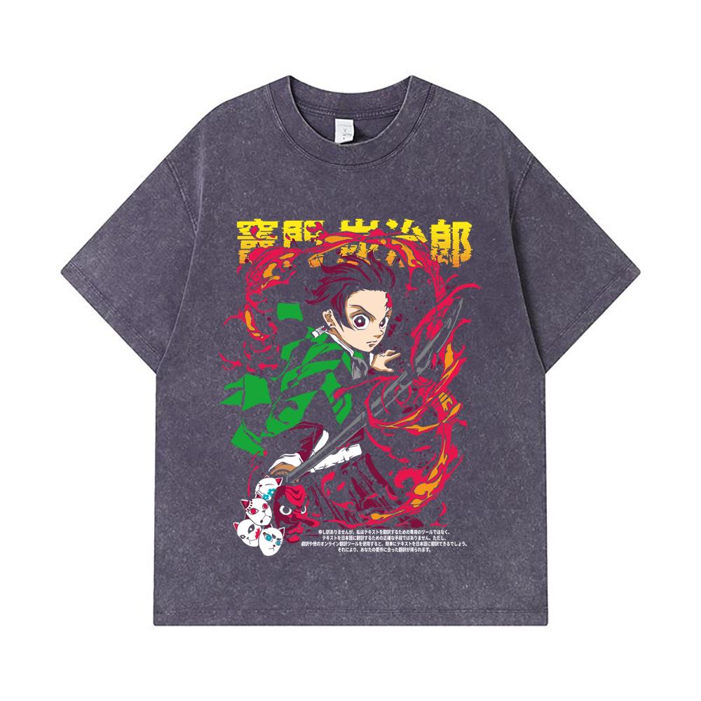 275 GSM Washed T-shirts 100% Cotton Demon Slayer V19 Tanjiro Print Unisex Heavy Cotton T Shirt