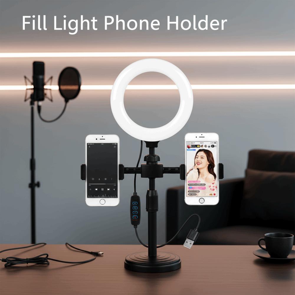 Dual Phone Position Fill Light Phone Holder Stable Base LED Circular Light Video