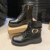 Мода 2024 Новые Осенне-зимние Женские Модные Ботинки на Толстой Подошве в Британском Стиле на Толстом Каблуке с Металлической Пряжкой на Шнуровке
