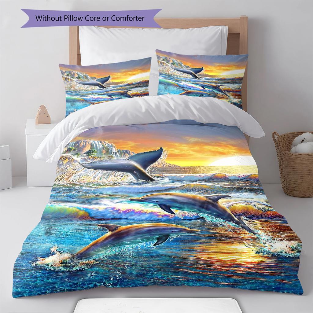 Dolphins Pattern Bedding Quilt Set Quilt Cover Pillowcase Home Decoration Gift (1 * duvet cover + 2 * pillowcase, without core)