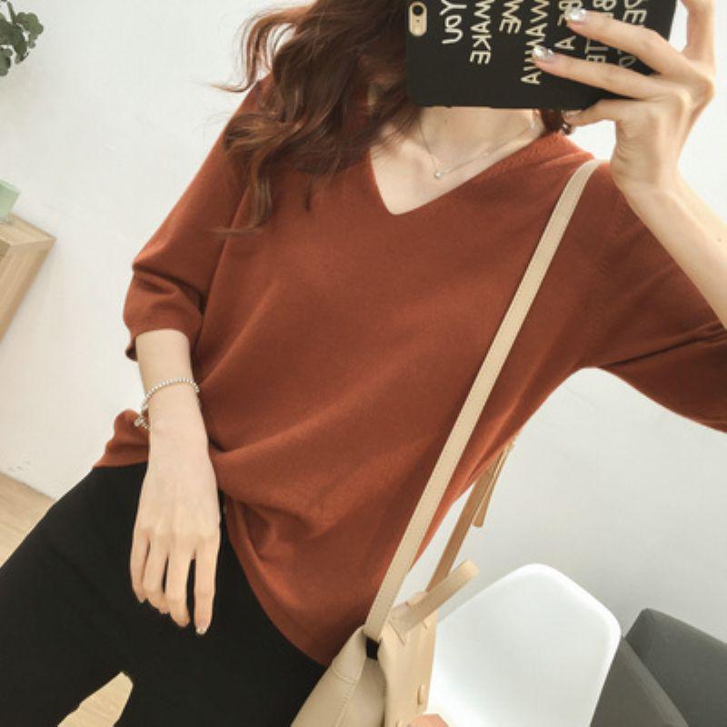 2025 Summer V-Neck Knit Short Sleeve Women's Slimming Top