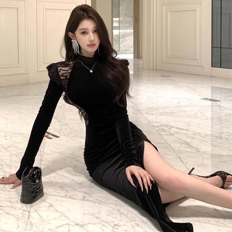 Женский темперамент элегантный кружевной сращивание платье с раздвоенным концом платье