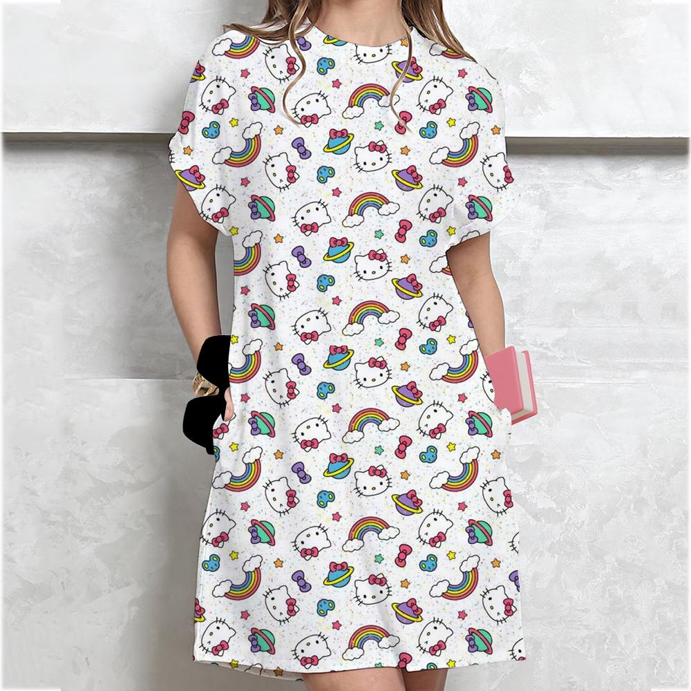 Женское Повседневное Платье-футболка с коротким рукавом Винтажный принт Hello Kitty Свободное Мини-платье Элегантное Простое Мини-платье Streetwear Сарафан