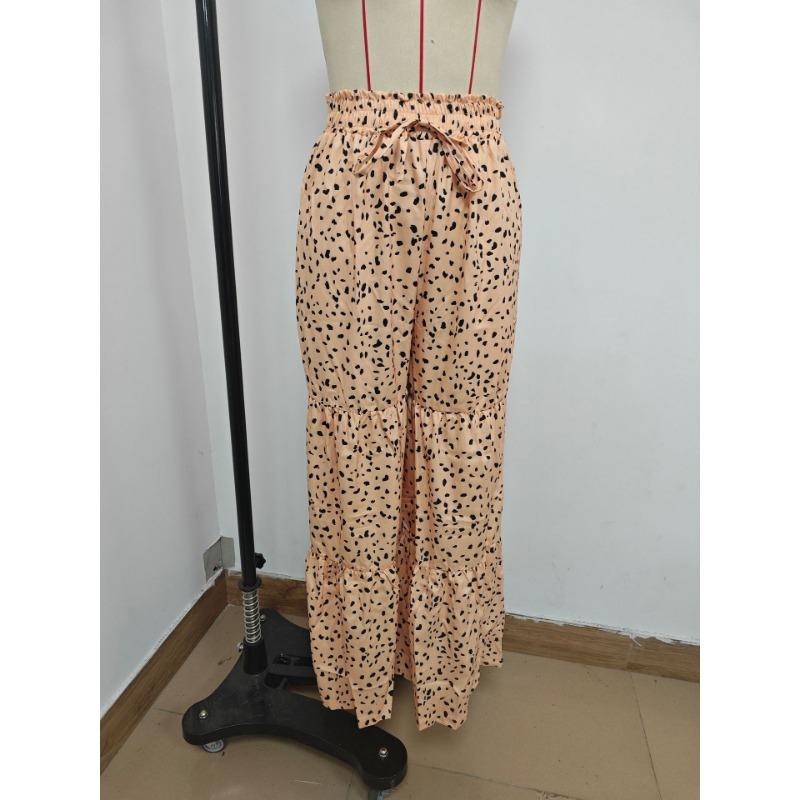 Летние широкие брюки женские большого размера с леопардовым принтом и оборками
