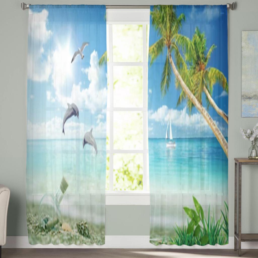 Прозрачные оконные шторы с морским дельфином и пальмой для гостиной, спальни, современная вуаль, тюлевые шторы, тканевые шторы для кухни