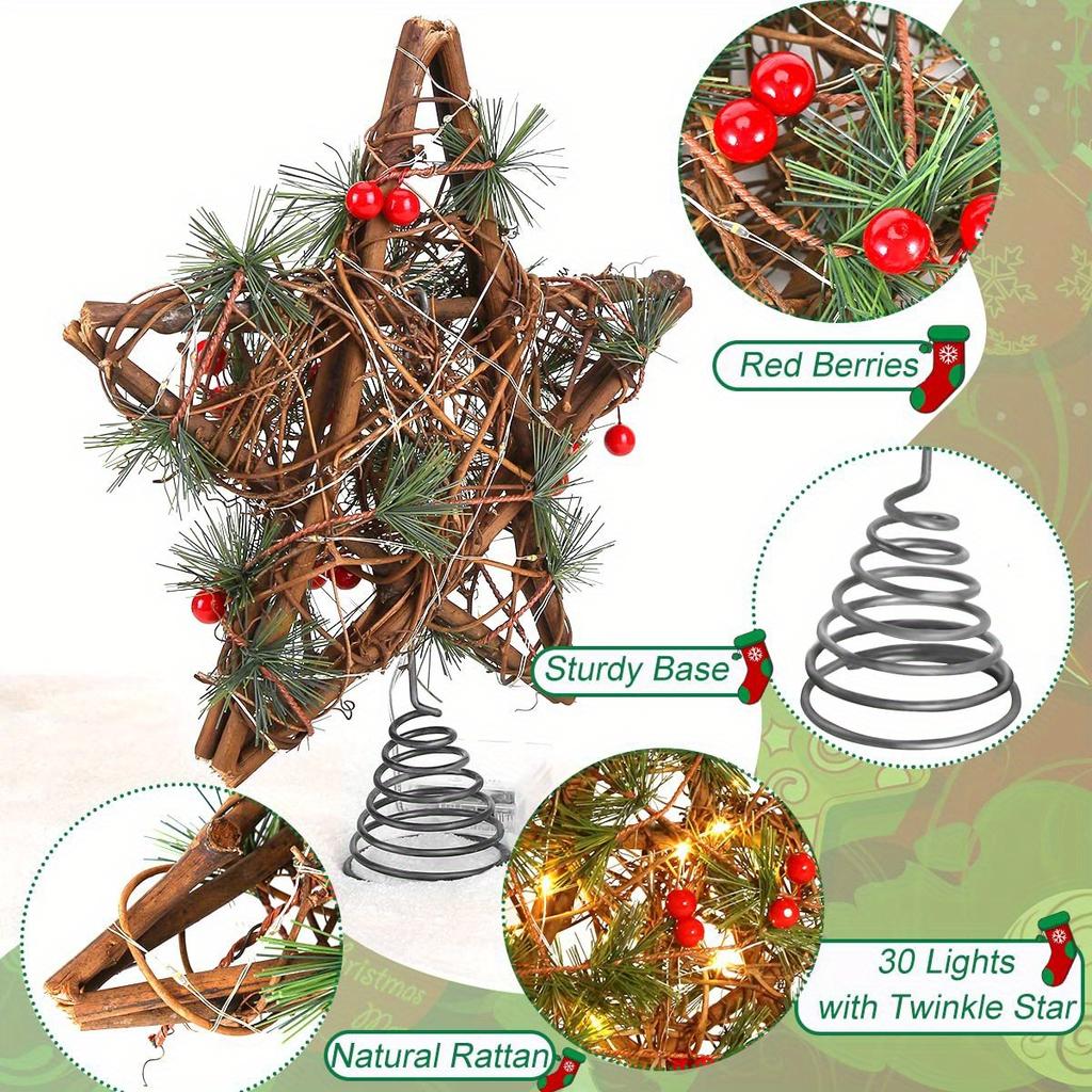 Rustic Natural Rattan Star Christmas Tree Topper, Warm White Lights, 3 AA Batteries Not Included, Farmhouse Holiday Decor for Indoor,Office,