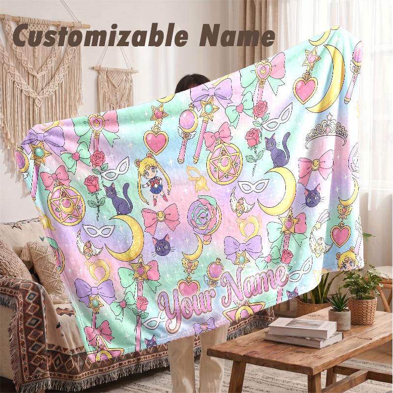Custom Name Flannel Blanket,Sailor Moon Lightweight Warm Bed Blanket For Couch & Holiday Gift