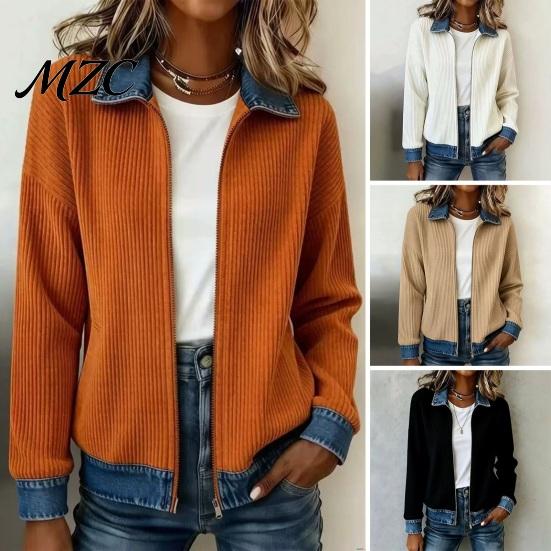 Casual Everyday Top Women Corduroy Denim Zip-Up Jacket, Long Sleeve Coat, Relaxed Fit Jacket Fall Winter with Contrast Turndown Collar Spliced Coat