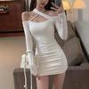 Plain Color Off Shoulder Long Sleeve Dress With High Waist For Office And Casual Wear