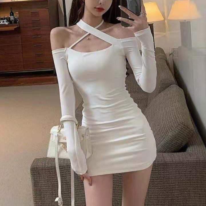 Plain Color Off Shoulder Long Sleeve Dress With High Waist For Office And Casual Wear