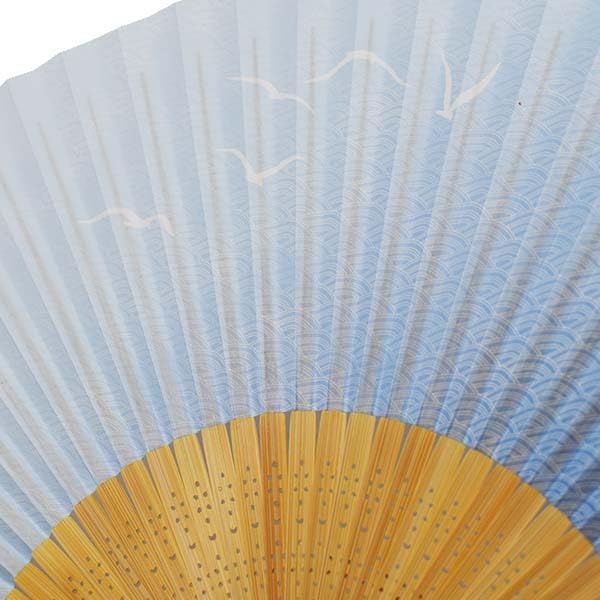 Kimono Folding White Bamboo Light Seagull and Seigaiha Pattern [Stylish Iroha] Men's Fan, Carving, Scented, Blue,